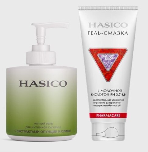 Набор из 2х средств HASICO: гель для интимной гигиены с экстрактами опунции и оливы + ГЕЛЬ-СМАЗКА С L-МОЛОЧНОЙ КИСЛОТОЙ 100 МЛ