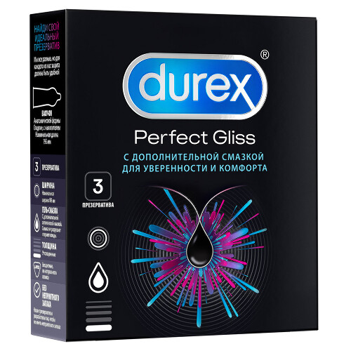 Презерватив durex perfect gliss 3 шт. - цена 265 руб., купить в интернет аптеке в Новосибирске Презерватив durex perfect gliss 3 шт., инструкция по применению