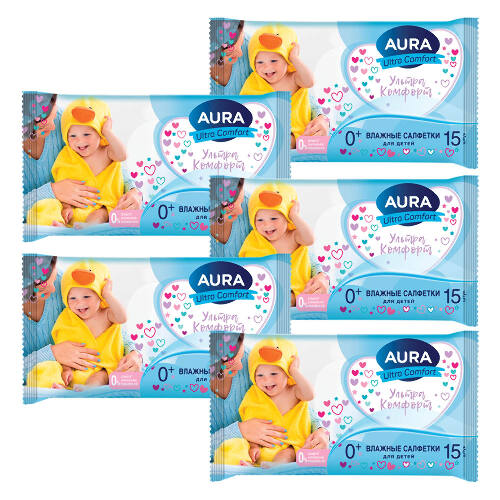 Набор  AURA ULTRA COMFORT Влажные салфетки для детей 15шт из 5 упаковок со скидкой 25%