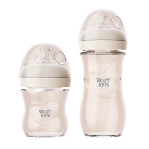 Набор бутылочек ROXY-KIDS:бутылочка стекло с широким горлом силикон.соска размер s 0+120 мл и бутылочка стекло с силикон.соской NATURAL 240 мл сред.поток