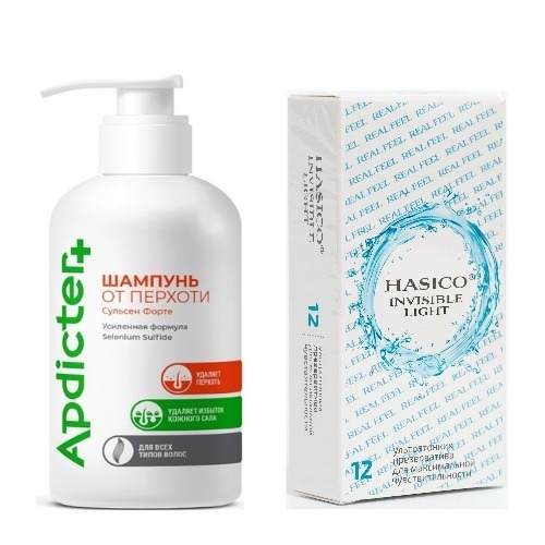 Набор из 2х средств HASICO: ПРЕЗЕРВАТИВЫ HASICO УЛЬТРАТОНКИЕ N12+ Шампунь от перхоти сульсеновый 250 мл