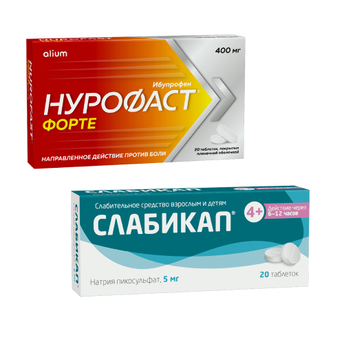 Набор Нурофаст форте 400 мг 20 шт. для снятия боли и жара + Слабикап таб. 5 мг №20 слабительное средство со скидкой
