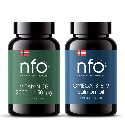 Набор NFO Витамин D 2000 МЕ 100 капс.+ОМЕГА-3 масло лосося 120 капс.