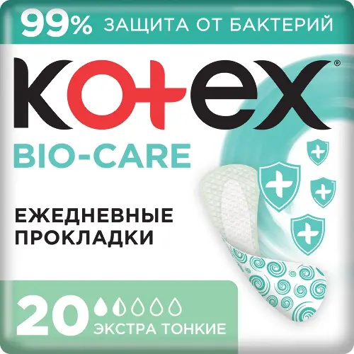 Kotex прокладки ежедневные с антибактериальным слоем внутри экстра тонкие bio-care 20 шт.