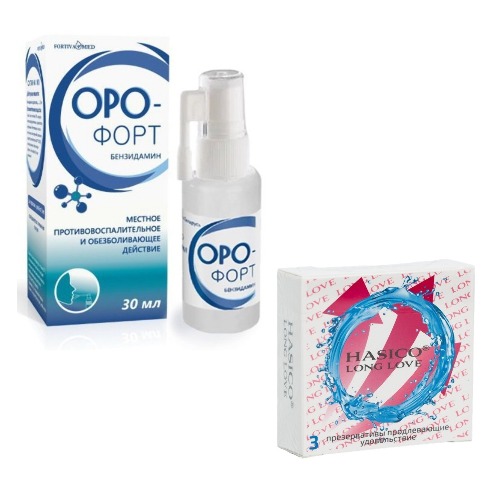 Набор из 2х средств HASICO: Оро-форт спрей для горла 30 мл +  ПРЕЗЕРВАТИВЫ HASICO LONGER ПРОДЛЕВАЮЩИЕ 3 шт