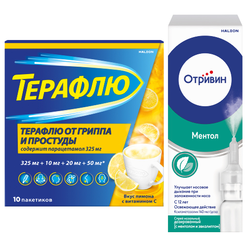 Набор Терафлю №10 пак пор вкус лимон + Отривин 140 мкг/доза спрей с ментолом и эвкалиптом 10 мл со скидкой