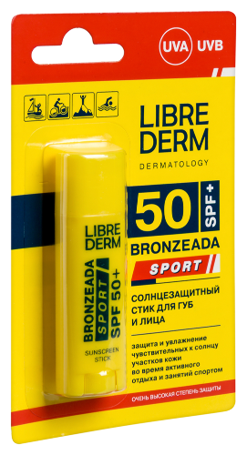 Librederm bronzeada sport стик для губ и лица солнцезащитный spf50+ 4,8 гр