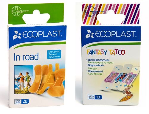 Набор ECOPLAST НАБОР ПЛАСТЫРЕЙ МЕД ТКАН IN ROAD N20 + ECOPLAST НАБОР ПЛАСТЫРЕЙ МЕД ПОЛИМЕР FANTASY TATTOO N10 со скидкой