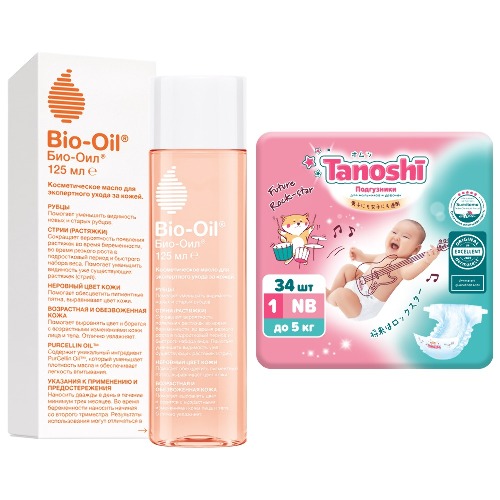 Набор Tanoshi подгузники для новорожденных размер NB до 5 кг n34 + Bio-oil масло косметическое 125мл