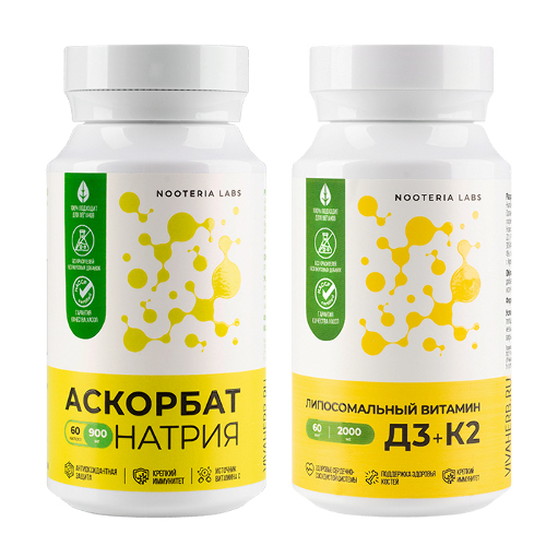 Набор из 1 уп. NOOTERIA LABS АСКОРБАТ НАТРИЯ 900МГ N60 КАПС ПО 1143МГ +1 уп.NOOTERIA LABS ЛИПОСОМАЛЬНЫЙ ВИТАМИН Д3+К2 N60 КАПС П