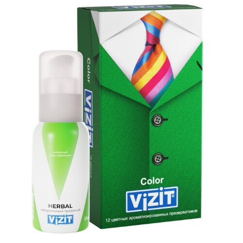 Набор Vizit гель-лубрикант herbal натуральный травяной 50 мл + Vizit презерватив color цветные ароматизированные 12 шт.
