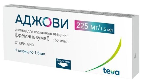 Аджови 150 мг/мл 1 шт. шприц раствор для подкожного введения 1,5 мл - цена 22364 руб., купить в интернет аптеке в Москве Аджови 150 мг/мл 1 шт. шприц раствор для подкожного введения 1,5 мл, инструкция по применению