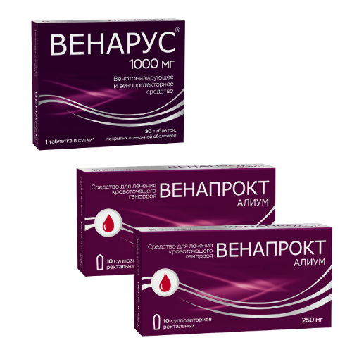 Набор для лечения хронического геморроя Венарус 0,1+0,9 N30 + 2 упаковки Венапрокт алиум 0,25 N10