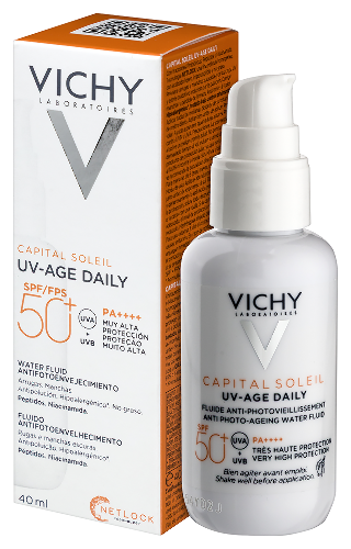 Vichy Capital Soleil UV-Age Daily Невесомый солнцезащитный крем-флюид для лица с пептидами и ниацинамидом против признаков фотостарения, SPF 50+, 40 мл