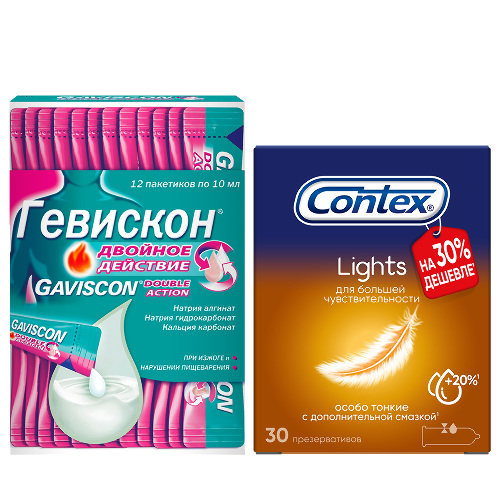 Набор Gaviscon Двойное действие сусп внутрь 10млх12 саше + Презервативы Contex Lights 30