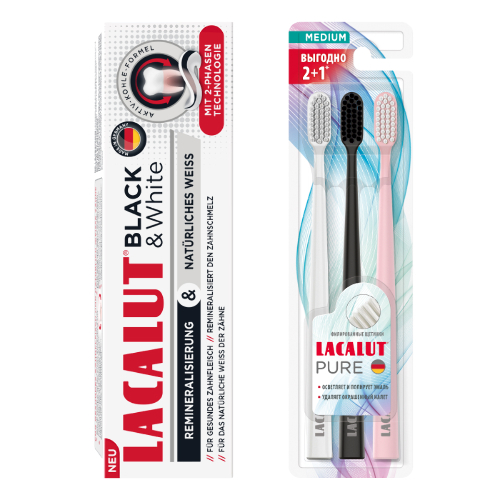 Набор LACALUT ЗУБНАЯ ПАСТА BLACK&WHITE 75МЛ + PURE ЗУБНАЯ ЩЕТКА СРЕДНЕЙ ЖЕСТКОСТИ N3 со скидкой