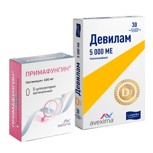 Набор ДЕВИЛАМ 5000МЕ N30 ТАБЛ П/ПЛЕН/ОБОЛОЧ + ПРИМАФУНГИН 100МГ N3 СУСП ВАГ со скидкой