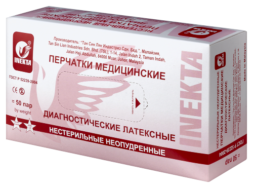 Перчатки диагностические INEKTA латексные нестерильные неопудренные 50 пар L/белый