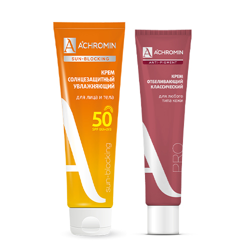 Набор ACHROMIN: солнцезащитный крем экстра-защита для лица и тела spf50 100 мл + отбеливающий крем 45мл