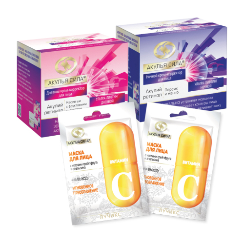 Набор подарочный Акулья сила активный лифтинг и подтяжка лица: Крем дневной + Крем ночной + 2 маски с витамином С