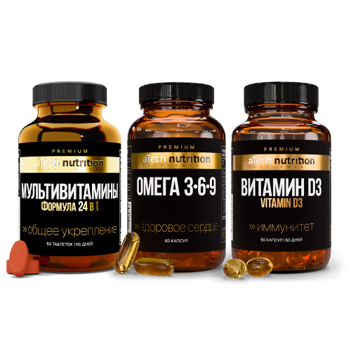 Набор Atech nutrition: premium омега 3-6-9 №60 капс + premium мультивит №60 табл + витамин д3 №60 капс