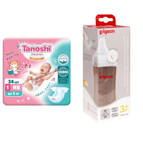 Набор Pigeon бутылочка для кормления полипропилен 3+ 240мл+Tanoshi подгузники для новорожденных размер nb до 5кг n34