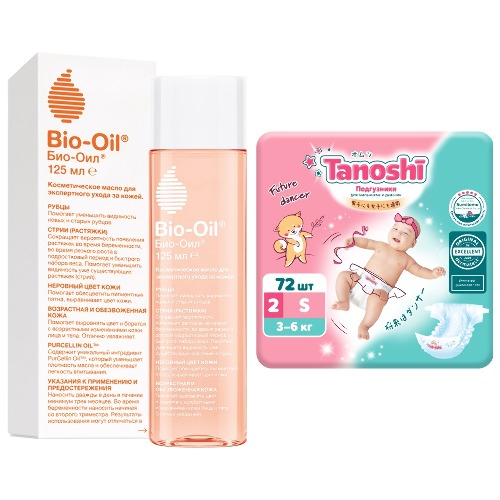 Набор Tanoshi подгузники для детей размер s 3-6кг n72 + Bio-oil масло косметическое 125мл