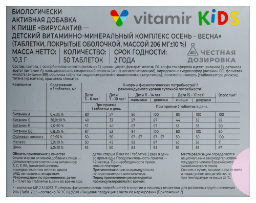 ВИРУСАКТИВ-ДЕТСКИЙ ВИТАМИННО-МИНЕРАЛЬНЫЙ КОМПЛЕКС ОСЕНЬ-ВЕСНА