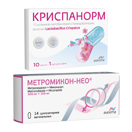 Набор Метромикон Нео 500мг + 100мг N14 супп ваг + Криспанорм N10 капс со скидкой
