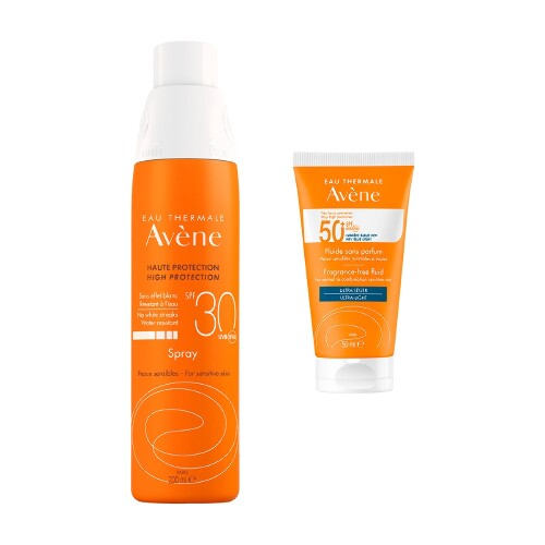 Набор AVENE: СПРЕЙ СОЛНЦЕЗАЩИТ SPF30 200МЛ + ФЛЮИД СОЛНЦЕЗАЩИТ SPF 50+ БЕЗ ОТДУШЕК 50МЛ