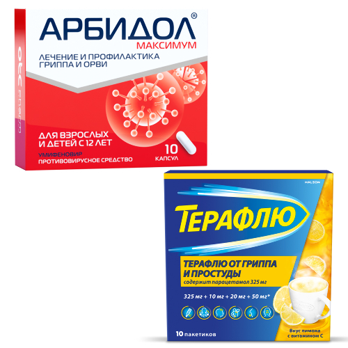 Набор Арбидол Максимум капс №10 + Терафлю от гриппа и простуды N10 пак пор/лимон - со скидкой