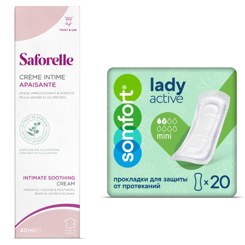 Набор Сафорель крем-эмолент увлаж для интимной зоны 40 мл + Somfort прокладки впит Lady active mini №20 со скидкой