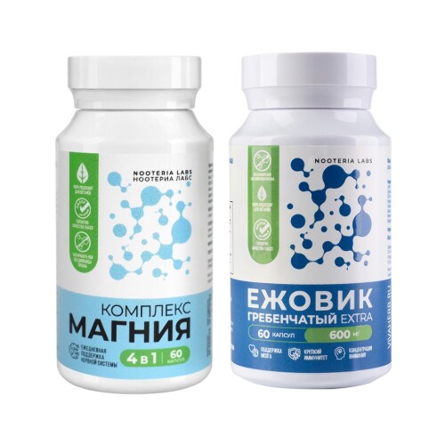Набор NOOTERIA LABS: КОМПЛЕКС МАГНИЯ N60 капс + ЕЖОВИК ГРЕБЕНЧАТЫЙ EXTRA N60 капс, со скидкой