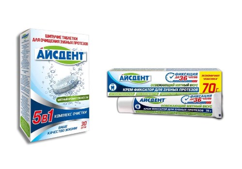 НАБОР АЙСДЕНТ КРЕМ-ФИКСАТОР ДЛЯ ЗУБНЫХ ПРОТЕЗОВ МЯТНЫЙ ВКУС 70 ГР + ТАБЛЕТКИ ДЛЯ ОЧИЩЕНИЯ ЗУБНЫХ ПРОТЕЗОВ