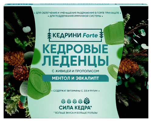 Кедрини forte кедровые леденцы с живицей и прополисом со вкусом ментол и эвкалипт 20 шт. леденцы массой 3,2 г