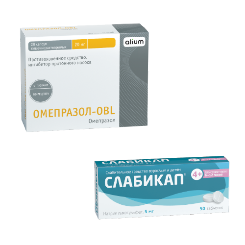 Набор  Слабикап таб. 5 мг №50 + Омепразол-OBL капс. 20 мг №28 со скидкой 