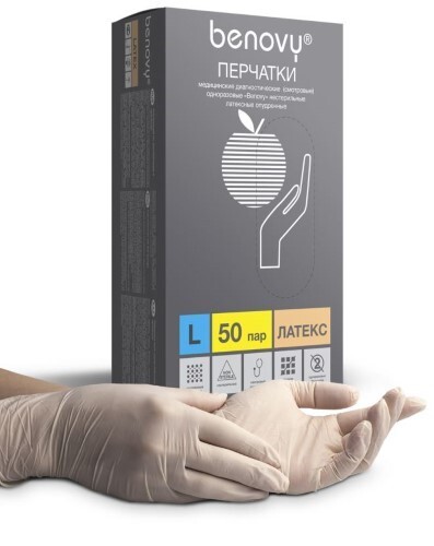 Купить ПЕРЧАТКИ СМОТРОВЫЕ BENOVY ЛАТЕКСНЫЕ НЕСТЕРИЛЬНЫЕ ОПУДРЕННЫЕ L N50 ПАР цена