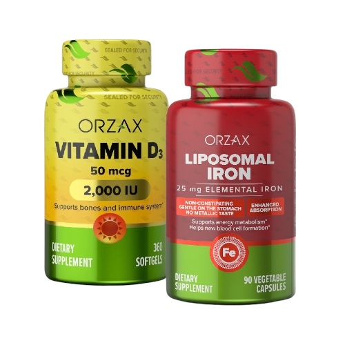 НАБОР ОРЗАКС: ВИТАМИН D3 2000 МЕ 360 КАПС. + ЛИПОСОМАЛЬНОЕ ЖЕЛЕЗО 90 КАПС.