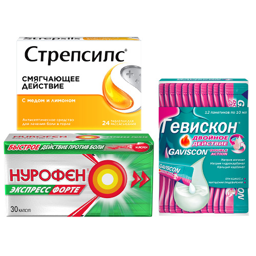 Набор Strepsils с Мёдом и лимоном № 24 + Gaviscon Двойное действие сусп внутрь 10млх12 саше + Nurofen Экспресс Форте капсулы 400