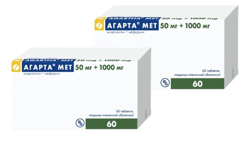 Купить Агарта мет 50 мг+1000 мг 60 шт. таблетки, покрытые пленочной оболочкой цена