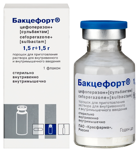 Бакцефорт 1500мг+1500мг порошок для приготовления раствора для внутривенного и внутримышечного введения флакон 1 шт.