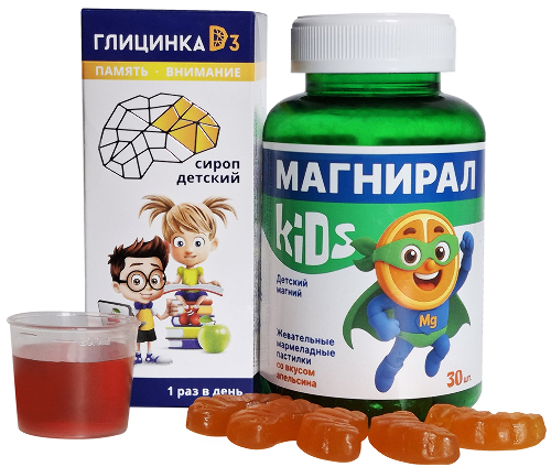 Набор Глицинка D3 сироп детский 100 мл + Магнирал кидс для детей с 3 лет 30 жевательных мармеладных пастилок со скидкой