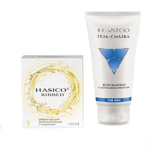 Набор из 2х средств HASICO: ПРЕЗЕРВАТИВЫ HASICO РЕБРИСТЫЕ N3+  HASICO ГЕЛЬ-СМАЗКА Д/МУЖЧИН 100МЛ