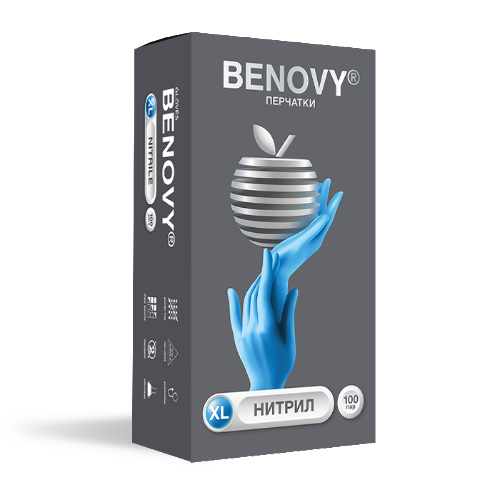 Перчатки смотровые benovy нитриловые нестерильные неопудренные текстурированные на пальцах хлорированные хl 100 пар/голубой/