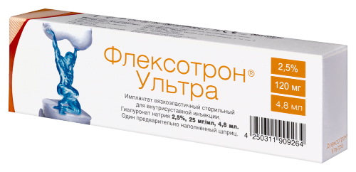 Флексотрон ультра имплантат вязкоэластичный стер для внутрисуставной инъекции гиалуронат натрия 2,5% 25 мг/мл 4,8 мл 1 шт. шприц