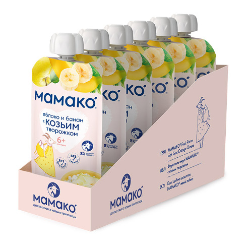 Набор из 6 уп. МАМАКО пюре яблоко и банан с козьим творожком 120г