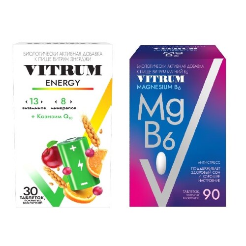 Набор Витаминов для спортсменов - Энергия и восстановление Витрум Магний В6 №90 и Витрум Энерджи №30