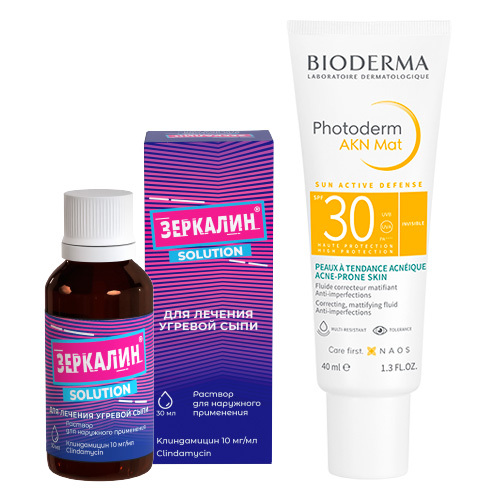 Набор для проблемной кожи: защита от солнца BIODERMA PHOTODERM AKN MAT + борьба с несовершенствами ЗЕРКАЛИН