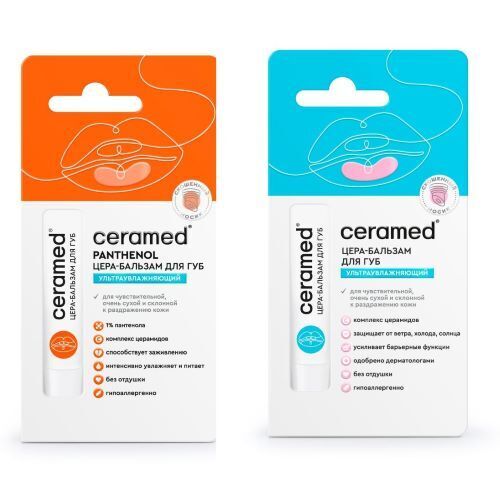 Набор Ceramed для сухой и чувстительной кожи лица: бальзам д/губ увлажняющий + бальзам д/губ с Пантенолом