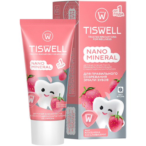 Tiswell зубная паста реминерализующая с наногидроксиапатитом без фтора детская от 1 года 60 гр/клубника со сливками